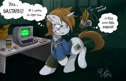 Size: 5100x3300 | Tagged: safe, artist:willdabeard, oc, oc:littlepip, species:pony, species:unicorn, fallout equestria, angry, appleloosa, ashtray, cigarette, clothing, colored, comic, crying, cutie mark, fanfic, fanfic art, female, gritted teeth, gun, handgun, hooves, horn, levitation, magic, mare, pipbuck, raised hoof, shotgun, solo, telekinesis, terminal, thought bubble, vault suit, weapon