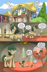 Size: 1375x2125 | Tagged: safe, artist:willdabeard, oc, oc:nutmeg, species:earth pony, species:pony, comic:nutmeg's tiny adventure, bouncing, cloud, comic, cutie mark, drinking, excited, exterior, food, garden, happy, house, interior, micro, potion, railing, sequence, shrink, shrinking, shrinking potion, shrunk, sky, tomato, tree, word balloon