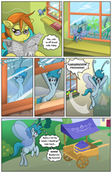 Size: 1024x1583 | Tagged: safe, artist:willdabeard, oc, oc:flurry, oc:misty, oc:nutmeg's parents, species:breezies, comic:misty's mis-adventure, blue coat, blue mane, blueberry, cheering, comic, food, food cart, fruit, glasses, licking, licking lips, littlepartycomics, micro, newspaper, orange mane, sneaking, tongue out, word balloon, yellow coat