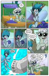 Size: 3300x5100 | Tagged: safe, artist:willdabeard, oc, oc:flurry, oc:misty, species:breezies, comic:misty's mis-adventure, angry, blue coat, blue mane, blueberry, comic, fleeing, food, food cart, fruit, glasses, licking, licking lips, littlepartycomics, looming over, micro, newspaper, older, scared, shocked, swatting, tongue out, waving, word balloon