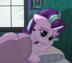 Size: 1840x1614 | Tagged: safe, artist:noosa, character:starlight glimmer, species:pony, species:unicorn, bed, female, looking at you, mare, messy mane, morning ponies, painting, smiling, solo, starlight's room, sunrise, tired, window