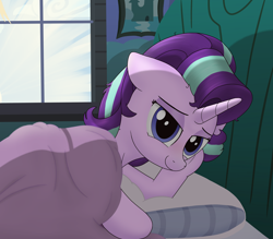 Size: 1840x1614 | Tagged: safe, alternate version, artist:noosa, character:starlight glimmer, species:pony, species:unicorn, bed, female, looking at you, mare, messy mane, morning ponies, painting, smiling, solo, starlight's room, sunrise, tired, window