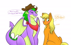 Size: 2901x1860 | Tagged: safe, artist:bellbell123, character:applejack, character:spike, species:dragon, species:pony, ship:applespike, accessory swap, blushing, cute, dialogue, eyes closed, female, loose hair, male, older, older spike, shipping, simple background, smiling, speech bubble, straight, thought bubble, white background, winged spike