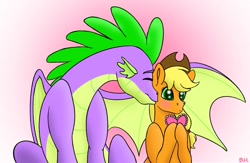 Size: 1109x721 | Tagged: safe, artist:bellbell123, character:applejack, character:spike, species:dragon, species:earth pony, species:pony, ship:applespike, episode:hearts and hooves day, g4, my little pony: friendship is magic, cute, female, heart, holiday, jackabetes, kiss on the cheek, kissing, male, mare, older, older spike, present, shipping, spikabetes, straight, valentine's day, winged spike