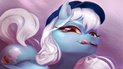 Size: 1600x900 | Tagged: safe, artist:resurgam_snova, oc, oc only, oc:ice, species:pegasus, species:pony, bueno, bust, domination, ear fluff, female, femdom, licking, licking lips, looking at you, mare, portrait, solo, tongue out, wingding eyes, yellow eyes