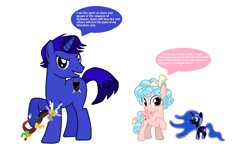 Size: 1542x984 | Tagged: safe, artist:swiftgaiathebrony, character:cozy glow, character:discord, character:nightmare moon, character:princess luna, oc, oc:commander branding blade, species:pony, species:unicorn, adopted, daughter, father, father and daughter, female, filly, male, original species, playing card, plush pony, plushie, royal guard, stallion, unicorn oc