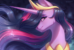 Size: 2800x1900 | Tagged: safe, artist:fenwaru, character:twilight sparkle, character:twilight sparkle (alicorn), species:alicorn, species:pony, episode:the last problem, g4, my little pony: friendship is magic, chromatic aberration, crown, ear fluff, female, flowing mane, high res, horn, jewelry, long horn, long mane, looking at you, majestic, mare, older, older twilight, peytral, princess twilight 2.0, regalia, smiling, solo, sparkles