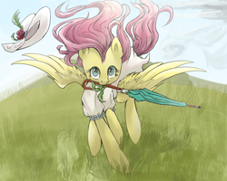 Size: 1000x800 | Tagged: safe, artist:ketereissm, character:fluttershy, species:pegasus, species:pony, clothing, cute, dress, female, grass, hat, hat off, looking at you, mare, midair, mouth hold, outdoors, scenery, shyabetes, solo, spread wings, sun hat, sundress, umbrella, windswept mane, wings