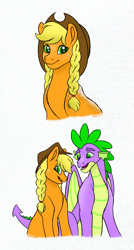 Size: 2089x3894 | Tagged: safe, artist:bellbell123, character:applejack, character:spike, species:dragon, species:earth pony, species:pony, ship:applespike, alternate hairstyle, braid, cute, female, high res, jackabetes, male, mare, older, older spike, open mouth, shipping, simple background, straight, white background, winged spike