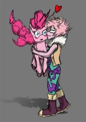Size: 752x1063 | Tagged: safe, artist:lizardwithhat, character:pinkie pie, species:earth pony, species:human, species:pony, blushing, crossover, crossover shipping, kissing, mina ashido, my hero academia, shipping, simple background
