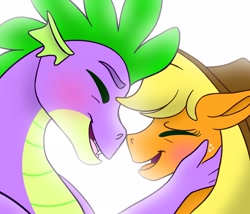 Size: 2698x2309 | Tagged: safe, artist:bellbell123, character:applejack, character:spike, species:dragon, species:pony, ship:applespike, blushing, bust, cute, eyes closed, female, hand on cheek, high res, jackabetes, male, older, older spike, open mouth, portrait, profile, shipping, simple background, spikabetes, straight, white background