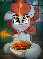 Size: 1444x2000 | Tagged: safe, artist:korafuro, oc, oc only, oc:kiara herbst, species:pony, species:unicorn, chopsticks, colored, comfort eating, curls, cute, digital art, eating, female, food, heart eyes, holding, looking at you, magic, noodles, offscreen character, pov, ramen, redhead, solo, soup, wingding eyes