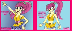 Size: 1280x558 | Tagged: safe, artist:malevolentsamson, character:sour sweet, equestria girls:dance magic, g4, my little pony: equestria girls, my little pony:equestria girls, spoiler:eqg specials, angry, belly button, expectation vs reality, female, tight clothing