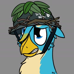 Size: 2013x2013 | Tagged: safe, artist:kamithepony, character:gallus, species:griffon, born to x, helmet, leaves, male, simple background, solo, stick