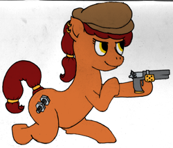 Size: 2614x2236 | Tagged: safe, artist:minus, derpibooru original, oc, oc only, oc:brass bolts, species:pony, species:unicorn, clothing, colored, cutie mark, daybreak island, ear piercing, earring, female, gun, hairband, handgun, hat, jewelry, kneeling, mare, pencil drawing, piercing, simple background, smiling, solo, tail band, traditional art, weapon, white background