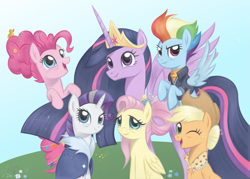 Size: 4559x3272 | Tagged: safe, artist:flutterstormreturns, character:applejack, character:fluttershy, character:pinkie pie, character:rainbow dash, character:rarity, character:twilight sparkle, character:twilight sparkle (alicorn), species:alicorn, species:earth pony, species:pegasus, species:pony, species:unicorn, episode:the last problem, g4, my little pony: friendship is magic, applejack's hat, big crown thingy 2.0, clothing, cowboy hat, end of ponies, flying, granny smith's scarf, group photo, hat, mane six, older, older applejack, older fluttershy, older mane six, older pinkie pie, older rainbow dash, older rarity, older twilight, princess twilight 2.0, smiling