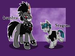 Size: 1800x1350 | Tagged: safe, artist:redahfuhrerking, character:king sombra, character:stygian, species:pony, species:unicorn, choker, ear piercing, edgy, horn, horn ring, mohawk, piercing, spiked choker