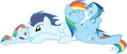 Size: 1280x542 | Tagged: safe, artist:kumkrum, character:rainbow dash, character:soarin', oc, oc:ragtag, oc:shooting star, parent:rainbow dash, parent:soarin', parents:soarindash, species:pegasus, species:pony, ship:soarindash, baby, baby pony, boop, cute, dawwww, eye contact, eyes closed, family, female, hnnng, hug, male, mare, noseboop, nuzzling, offspring, on back, open mouth, prone, shipping, simple background, smiling, soarinbetes, stallion, straight, transparent background, vector