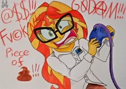 Size: 3960x2817 | Tagged: safe, artist:malevolentsamson, character:sunset shimmer, episode:game stream, g4, my little pony: equestria girls, my little pony:equestria girls, spoiler:eqg series (season 2), angry video game nerd, controller, female, gamer sunset, glasses, psycho gamer sunset, solo, sunset shimmer frustrated at game, traditional art, vulgar
