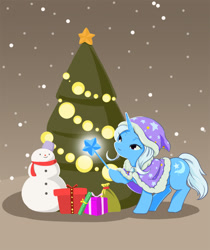 Size: 838x1000 | Tagged: source needed, safe, artist:abspony, character:trixie, species:pony, species:unicorn, christmas, christmas tree, clothing, cute, female, holiday, mare, snowman, solo, tree, wand
