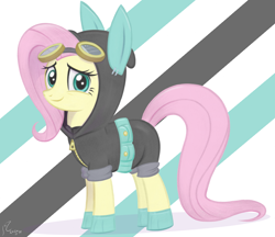 Size: 5249x4537 | Tagged: safe, artist:flutterstormreturns, character:fluttershy, species:pony, abstract background, absurd resolution, bunny ears, clothing, costume, cute, dangerous mission outfit, female, goggles, hoodie, mare, shyabetes, solo