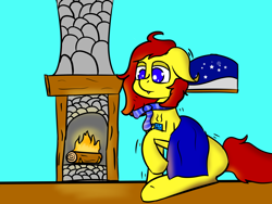 Size: 1600x1200 | Tagged: safe, artist:gamer-shy, oc, oc only, oc:gamershy yellowstar, blanket, blue eyes, cold, fire, fireplace, floppy ears, food, hooked ears, light blue backaground, messy mane, red mane, shivering, snow, snowfall, solo, tea, window, winter, yellow fur