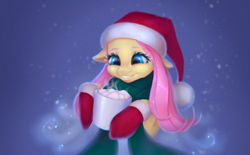 Size: 1354x841 | Tagged: safe, artist:ketlimur, character:fluttershy, species:pegasus, species:pony, bipedal, chocolate, christmas, clothing, cute, female, floppy ears, food, grin, hat, holiday, hoof hold, hot chocolate, mare, marshmallow, mittens, santa hat, shyabetes, smiling, snow, snowfall, solo, steam, winter