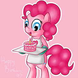 Size: 1200x1200 | Tagged: safe, artist:pinkieinprivate, artist:pinkiepieskitchen, character:pinkie pie, species:earth pony, species:pony, apron, bipedal, cake, clothing, female, food, gloves, mittens, naked apron, pinkiepieskitchen, solo