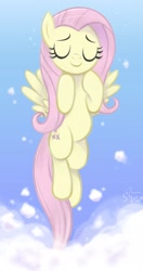 Size: 1920x3624 | Tagged: safe, artist:flutterstormreturns, character:fluttershy, species:pegasus, species:pony, episode:fame and misfortune, g4, my little pony: friendship is magic, cloud, eyes closed, female, flawless, flying, hooves to the chest, mare, scene interpretation, sky, smiling, solo, spread wings, three quarter view, wings