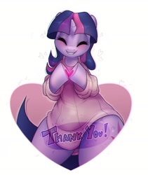 Size: 2807x3319 | Tagged: safe, artist:twi_paww, character:twilight sparkle, character:twilight sparkle (unicorn), species:pony, species:unicorn, bipedal, clothing, cute, eyes closed, female, happy, heart, heart hooves, smiling, solo, sweater, thank you, twiabetes, wide hips