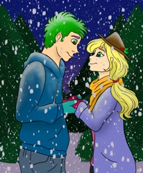 Size: 2703x3273 | Tagged: safe, artist:bellbell123, character:applejack, character:spike, species:human, ship:applespike, clothing, coat, cute, female, high res, holding hands, humanized, looking at each other, male, mittens, profile, scarf, shipping, snow, snowfall, straight, winter, winter outfit