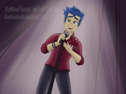 Size: 1918x1438 | Tagged: safe, artist:ro994, character:flash sentry, episode:cheer you on, g4, my little pony: equestria girls, my little pony:equestria girls, spoiler:eqg series (season 2), backstage, clothing, male, microphone, musical instrument, pants, shirt, singing, solo, stage, watermark