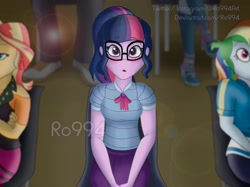 Size: 1918x1438 | Tagged: safe, artist:ro994, character:bulk biceps, character:rainbow dash, character:sunset shimmer, character:trixie, character:twilight sparkle, character:twilight sparkle (scitwi), species:eqg human, episode:cheer you on, g4, my little pony: equestria girls, my little pony:equestria girls, spoiler:eqg series (season 2), blushing, bow tie, chair, clothing, cute, female, geode of telekinesis, glasses, implied flashlight, implied sciflash, implied shipping, implied straight, jacket, magical geodes, ponytail, shirt, shoes, sitting, skirt, watermark