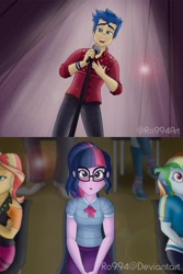 Size: 1100x1650 | Tagged: safe, artist:ro994, character:bulk biceps, character:flash sentry, character:rainbow dash, character:sunset shimmer, character:trixie, character:twilight sparkle, character:twilight sparkle (scitwi), species:eqg human, ship:flashlight, episode:cheer you on, g4, my little pony: equestria girls, my little pony:equestria girls, spoiler:eqg series (season 2), backstage, blushing, bow tie, chair, clothing, crossed legs, cute, female, geode of telekinesis, glasses, jacket, magical geodes, male, microphone, musical instrument, pants, ponytail, sciflash, shipping, shirt, shoes, singing, sitting, skirt, stage, straight, watermark