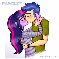Size: 2990x2990 | Tagged: safe, artist:ro994, character:flash sentry, character:twilight sparkle, character:twilight sparkle (scitwi), species:eqg human, ship:flashlight, g4, my little pony: equestria girls, my little pony:equestria girls, blushing, clothing, female, glasses, kissing, male, sciflash, shipping, shirt, simple background, straight, striped shirt, white background, wristband