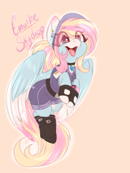 Size: 1500x2000 | Tagged: safe, artist:red_moonwolf, oc, oc:emailie skydrop, species:pegasus, species:pony, boots, clothing, collar, female, fishnets, gloves, mailmare, shoes, simple background, smiling, snapback