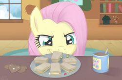 Size: 4000x2640 | Tagged: safe, artist:flutterstormreturns, character:fluttershy, species:pony, episode:discordant harmony, g4, my little pony: friendship is magic, cucumber sandwiches, cute, discord lamp, evil smirk, female, food, high res, looking at something, mare, pure unfiltered evil, sandwich, scene interpretation, shyabetes, smiling, solo, speedpaint