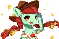 Size: 1032x698 | Tagged: safe, artist:togeticisa, character:candy apples, species:earth pony, species:pony, apple, apple family member, background pony, bow, braid, braided pigtails, bust, clothing, cowboy hat, cute, female, food, hair bow, hat, leaf, leaves, looking at you, mare, open mouth, portrait, simple background, solo, white background