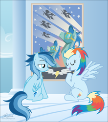 Size: 1723x1949 | Tagged: safe, artist:kumkrum, oc, oc only, oc:ragtag, oc:shooting star, parent:rainbow dash, parent:soarin', parents:soarindash, species:pegasus, species:pony, duo, duo female, female, mare, offspring, older, sisters, sitting, wonderbolts, wonderbolts poster