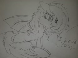 Size: 2016x1512 | Tagged: safe, artist:straighttothepointstudio, oc, oc only, species:bat pony, species:pony, bat pony oc, black and white, cute, fangs, fluffy, grayscale, happy, i love you, long tail, looking at you, monochrome, solo, spread wings, traditional art, wings