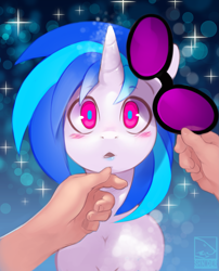 Size: 2067x2558 | Tagged: safe, artist:shnider, character:dj pon-3, character:vinyl scratch, species:human, species:pony, species:unicorn, blushing, colored pupils, cute, high res, lipstick, looking at you, offscreen character, offscreen human, open mouth, sunglasses, vinyl scratch's glasses, vinylbetes