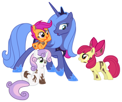 Size: 1683x1409 | Tagged: safe, artist:kumkrum, character:apple bloom, character:princess luna, character:scootaloo, character:sweetie belle, species:alicorn, species:earth pony, species:pegasus, species:pony, species:unicorn, cutie mark crusaders, dirty, female, filly, mare, messy, ponies riding ponies, s1 luna, simple background, transparent background, tree sap
