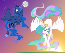 Size: 1500x1234 | Tagged: dead source, safe, artist:kumkrum, character:princess celestia, character:princess luna, species:alicorn, species:pony, celestial mechanics, duo, duo female, female, flying, glowing horn, mare, moon, moon work, sisters, smiling, sun, sun work, sunset