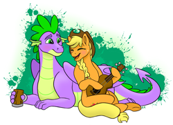Size: 3481x2520 | Tagged: safe, artist:bellbell123, character:applejack, character:spike, species:dragon, species:earth pony, species:pony, ship:applespike, abstract background, blushing, braid, cute, eyes closed, female, guitar, high res, male, mare, musical instrument, older, older spike, open mouth, prone, shipping, sitting, straight, tankard, winged spike