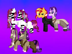 Size: 2048x1536 | Tagged: safe, artist:lightningbolt39, character:starlight glimmer, character:sunset shimmer, oc, oc:dawn light (ice1517), oc:dusk fire (ice1517), oc:evening glitter, oc:shadow shine, parent:starlight glimmer, parent:sunset shimmer, parents:shimmerglimmer, species:pony, species:unicorn, icey-verse, ship:shimmerglimmer, armor, belt, boots, brother and sister, clothing, cosplay, costume, crossover, family, female, first order, gradient background, helmet, kylo ren, lesbian, magical lesbian spawn, male, mare, mother and daughter, mother and son, offspring, pants, resistance, rey, reylo, robe, shipping, shirt, shoes, siblings, sisters, stallion, star wars, stormtrooper, twins