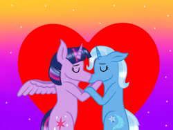 Size: 2048x1536 | Tagged: safe, artist:lightningbolt39, character:trixie, character:twilight sparkle, character:twilight sparkle (alicorn), species:alicorn, species:pony, species:unicorn, ship:twixie, bipedal, eyes closed, female, french kiss, gradient background, heart, hooves on cheeks, hug, kissing, lesbian, mare, shipping, spread wings, wings