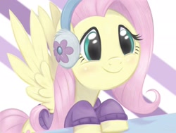 Size: 1920x1453 | Tagged: safe, artist:flutterstormreturns, character:fluttershy, species:pegasus, species:pony, episode:best gift ever, g4, my little pony: friendship is magic, abstract background, bottomless, bust, clothing, earmuffs, female, mare, partial nudity, scene interpretation, smiling, solo, spread wings, sweater, sweatershy, three quarter view, wings, winter outfit
