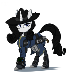 Size: 5000x5500 | Tagged: safe, artist:tatykin, oc, oc:shadow spade, species:pony, species:unicorn, fallout equestria, armor, armored legs, black eyeshadow, blank, blank of rarity, blue eyes, clothing, commissioner:genki, fallout equestria: kingpin, fanfic, fanfic art, fedora, female, gun, handgun, hat, justice mare, lawbringer, mare, not rarity, pipboy, pipbuck, revolver, shoes, solo, stable 232, unicorn oc, vault suit, weapon