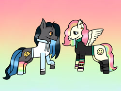 Size: 2048x1536 | Tagged: safe, artist:lightningbolt39, oc, oc only, oc:cheery candy, oc:tough cookie (ice1517), species:pegasus, species:pony, species:unicorn, bracelet, cheerycookie, clothes swap, clothing, ear piercing, earring, female, gradient background, hoodie, jewelry, lesbian, looking at each other, makeup, mare, multicolored hair, oc x oc, piercing, rainbow hair, rainbow socks, raised hoof, shipping, socks, striped socks, wristband