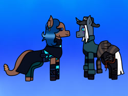Size: 2048x1536 | Tagged: safe, artist:lightningbolt39, oc, oc only, oc:ember arrow, oc:sidewinder, species:pony, species:unicorn, armors, bandage, belt, blue background, boots, clothes swap, clothing, colored sclera, ear piercing, earring, fedora, female, fnags, gloves, hat, jewelry, lesbian, looking at each other, mare, oc x oc, original species, pants, piercing, scar, shipping, shirt, shoes, simple background, snake, snake pony, tattoo, whip